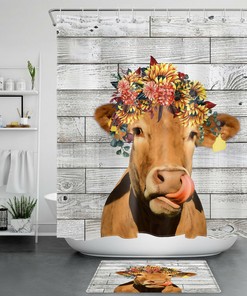 Flowers Modern Farmhouse Funny Cow Shower Curtain for Bathroom Accessory and Home Decor