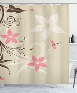 Flying Dragonflies Flower Art Shower Curtain for Bathroom