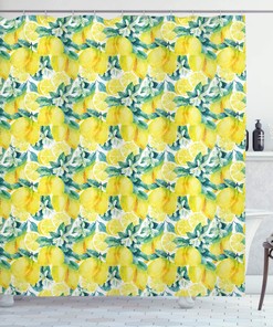 Forest Green and Yellow Modern Shower Curtain with Watercolor Paintbrush Lemons Design for a Serene Bathroom Decor