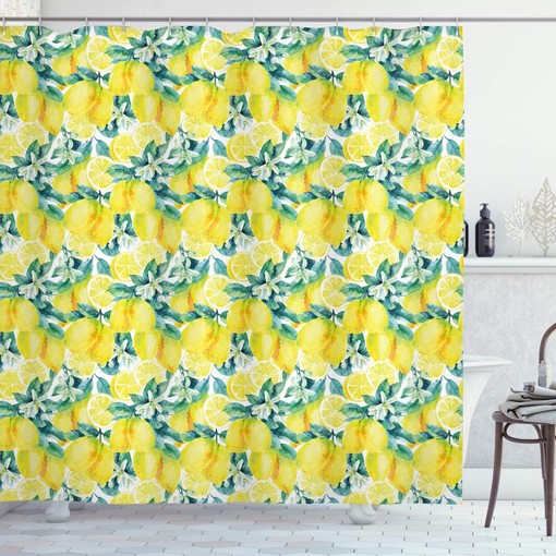 Forest Green and Yellow Modern Shower Curtain with Watercolor Paintbrush Lemons Design for a Serene Bathroom Decor