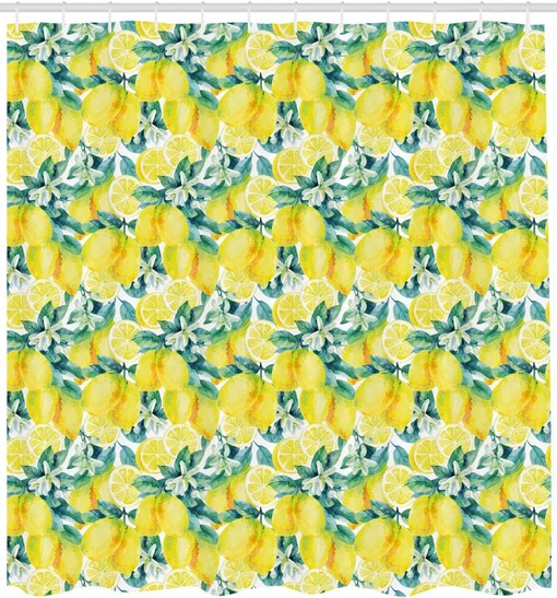 Forest Green and Yellow Modern Shower Curtain with Watercolor Paintbrush Lemons Design for a Serene Bathroom Decor - Image 2