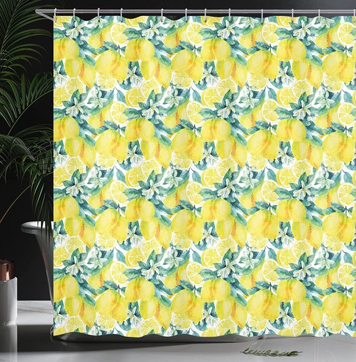 Forest Green and Yellow Modern Shower Curtain with Watercolor Paintbrush Lemons Design for a Serene Bathroom Decor - Image 3