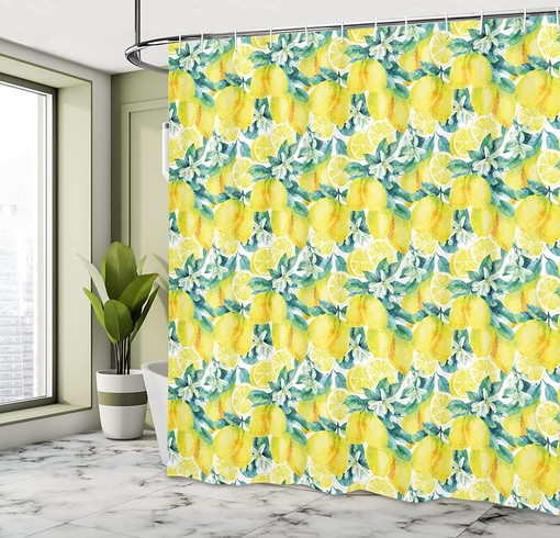 Forest Green and Yellow Modern Shower Curtain with Watercolor Paintbrush Lemons Design for a Serene Bathroom Decor - Image 4