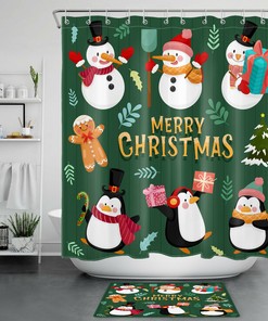 Fun Christmas Gingerbread Man Shower Curtain with Cute Penguins for a Whimsical Bathroom Accessory