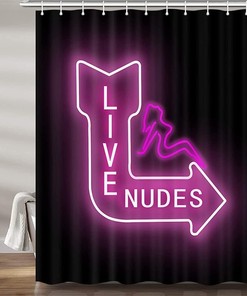 Fun Live Nudes Shower Curtain, Unique Pink Neon Signs Fabric Set for Bathroom with Sexy Girl Restroom Decor