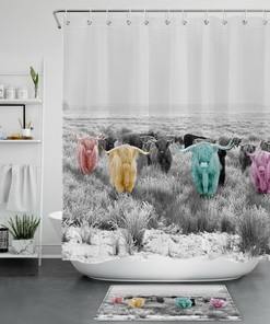 Funny Colorful Highland Cow Shower Curtain for a Lighthearted Bathroom Decor