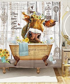 Funny Country Cow Shower Curtain by DESIHOM for Farmhouse Bathroom Decor
