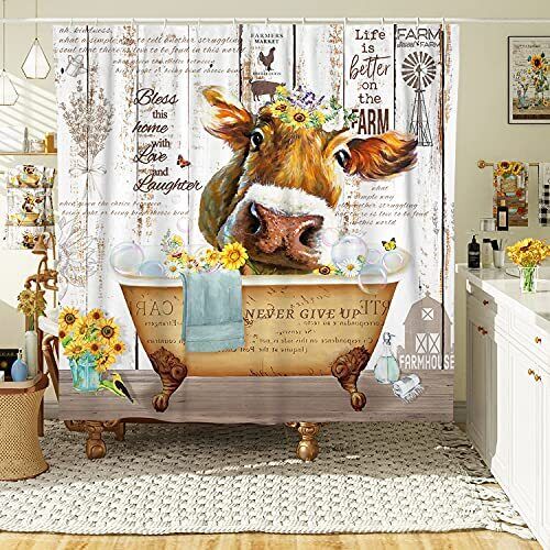 Funny Country Cow Shower Curtain by DESIHOM for Farmhouse Bathroom Decor - Image 2