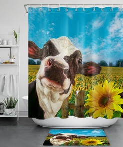 Funny Cow Shower Curtain with Sunflower Field for a Farmhouse Bathroom Decor