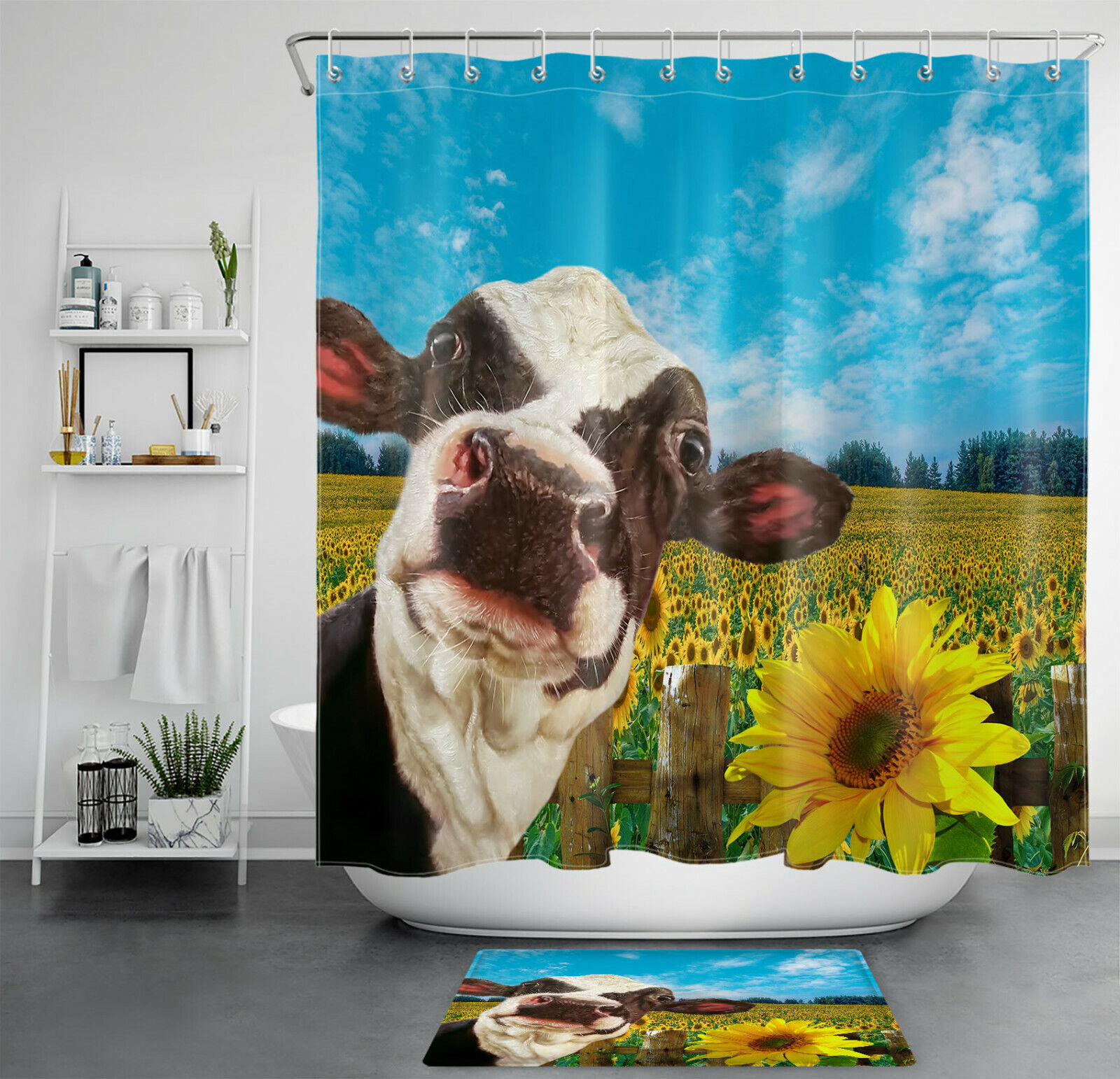 Funny Cow Shower Curtain with Sunflower Field for a Farmhouse Bathroom Decor