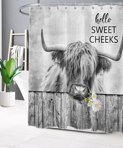 Funny Farm Animal with Daisy on Grey Western Highland Cow Shower Curtain - Hello Sweet Cheeks Bathroom Decor