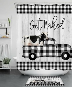 Funny Get Naked Bathroom Set with Buffalo Plaid Farmhouse Truck and Cow Shower Curtain, Perfect for a Playful Bathing Experience