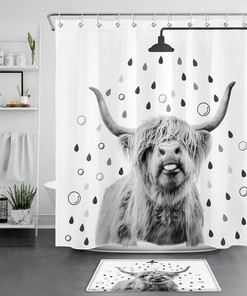 Funny Grey Highland Cow Shower Curtain, Country Style Bathroom Decor