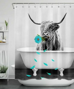 Funny Highland Cow Grey Shower Curtain with Flower Print | Bathroom Decor