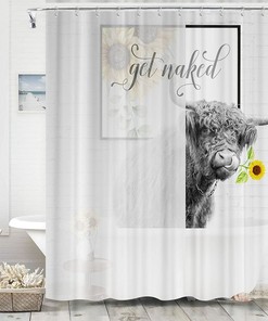Funny Highland Cow Shower Curtain, Rustic Sunflower Farmhouse Bath Curtain Accessories