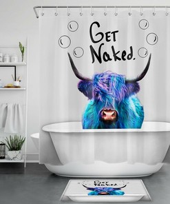 Funny Highland Cow Shower Curtain Set with Blue Purple Word Art
