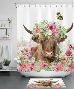 Funny Highland Cow Spring Flower Butterfly Bathroom Shower Curtain Set