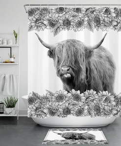 Funny Highland Cow Sunflower Shower Curtain - Rustic Bathroom Decor