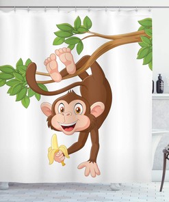 Funny Monkey Shower Curtain, Jungle Animals Theme Print in Chocolate White Bathroom Decor