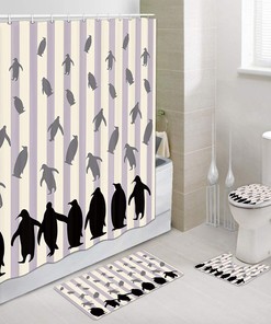 Funny Penguin Shower Curtain with Wildlife Design for Bathroom Decor with Beige Stripes