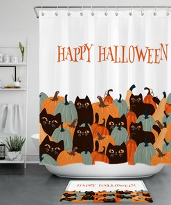 Funny Pumpkin Black Cat Halloween Shower Curtain for Bathroom Decor