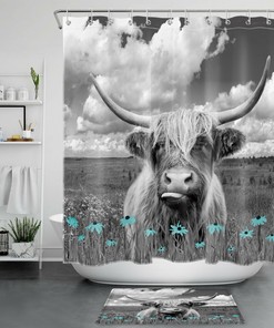Funny Rustic Wildflower Blue Cow Bathroom Shower Curtain Set for Decor