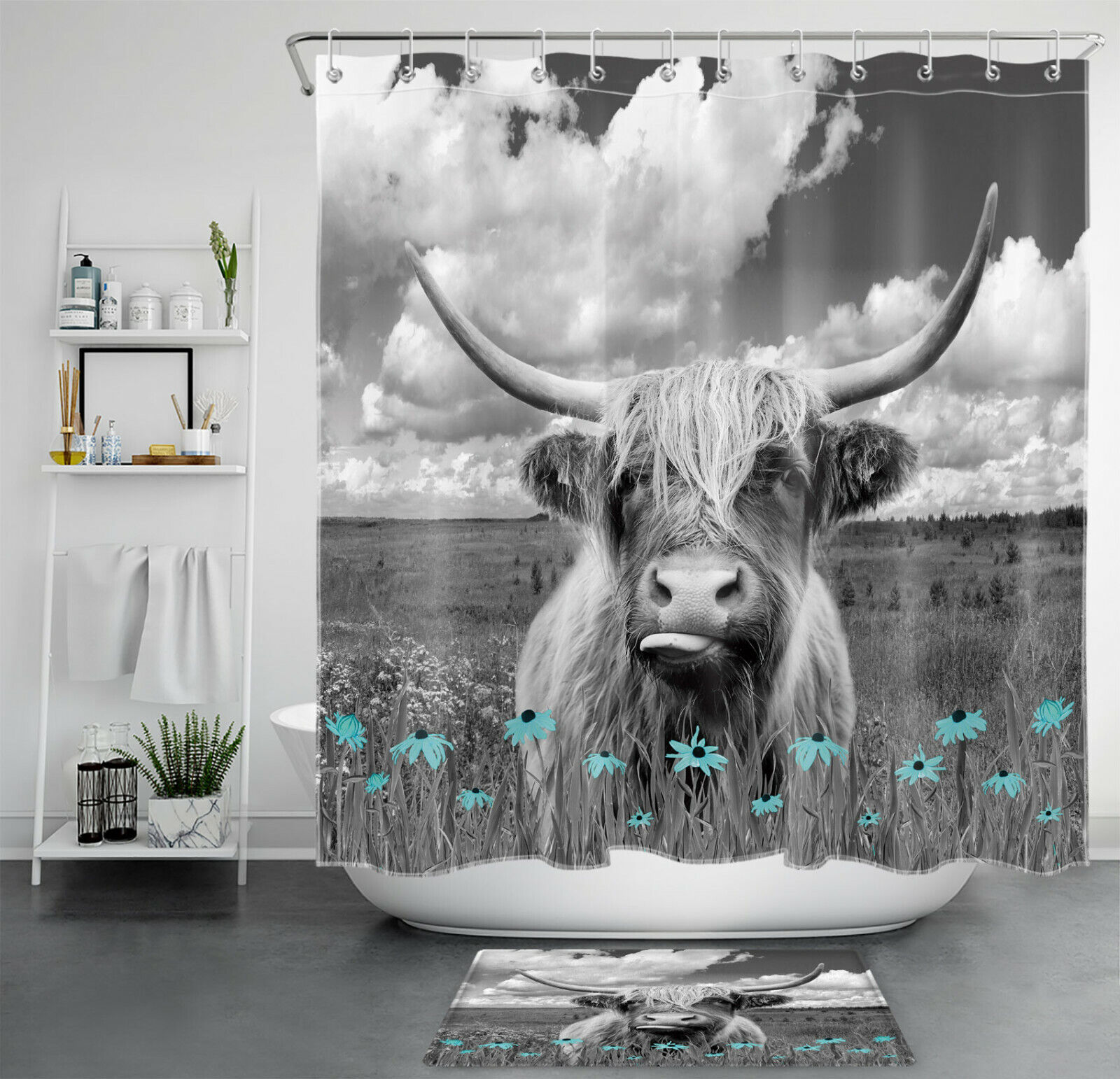 Funny Rustic Wildflower Blue Cow Bathroom Shower Curtain Set for Decor