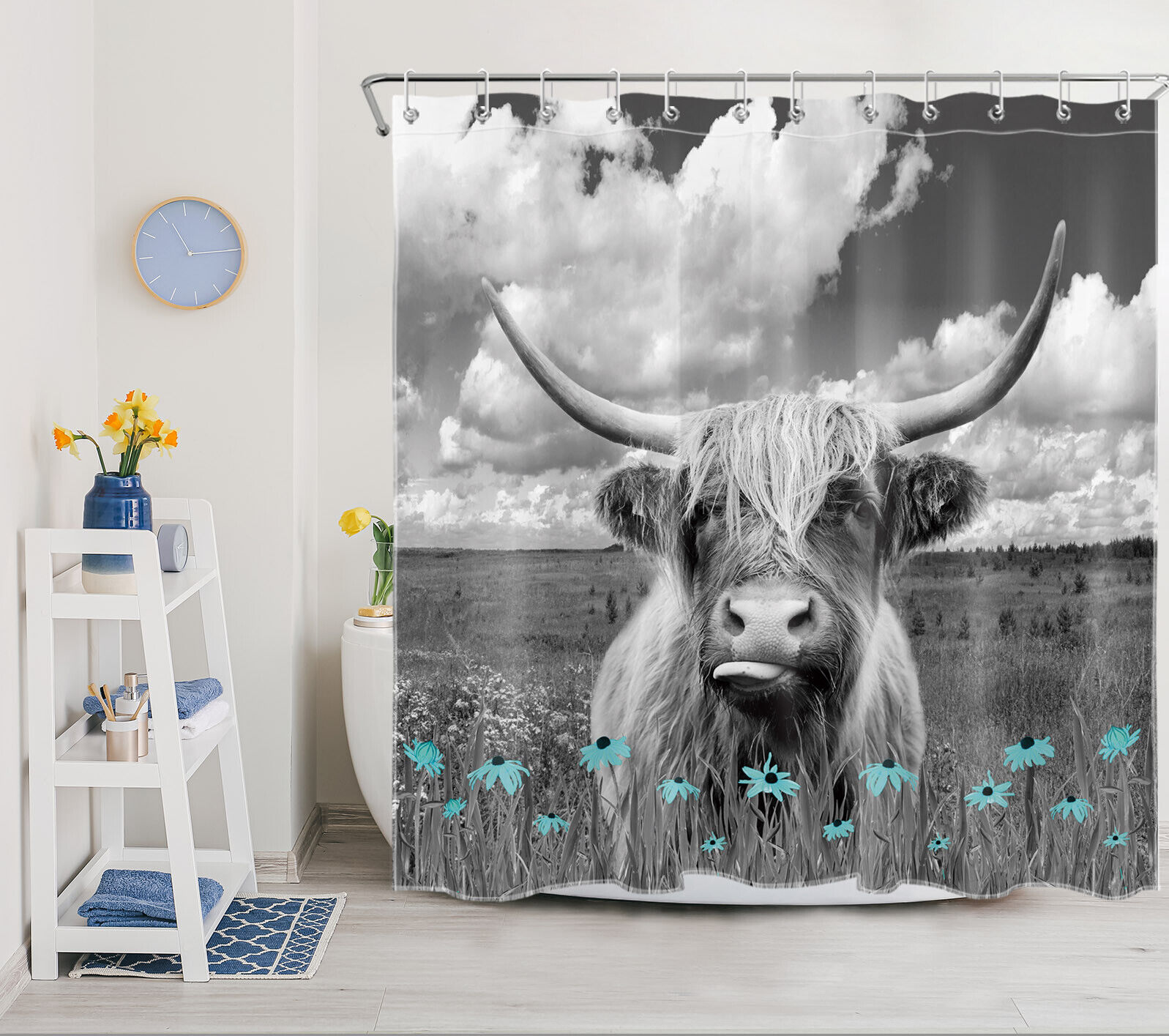 Funny Rustic Wildflower Blue Cow Bathroom Shower Curtain Set for Decor - Image 2