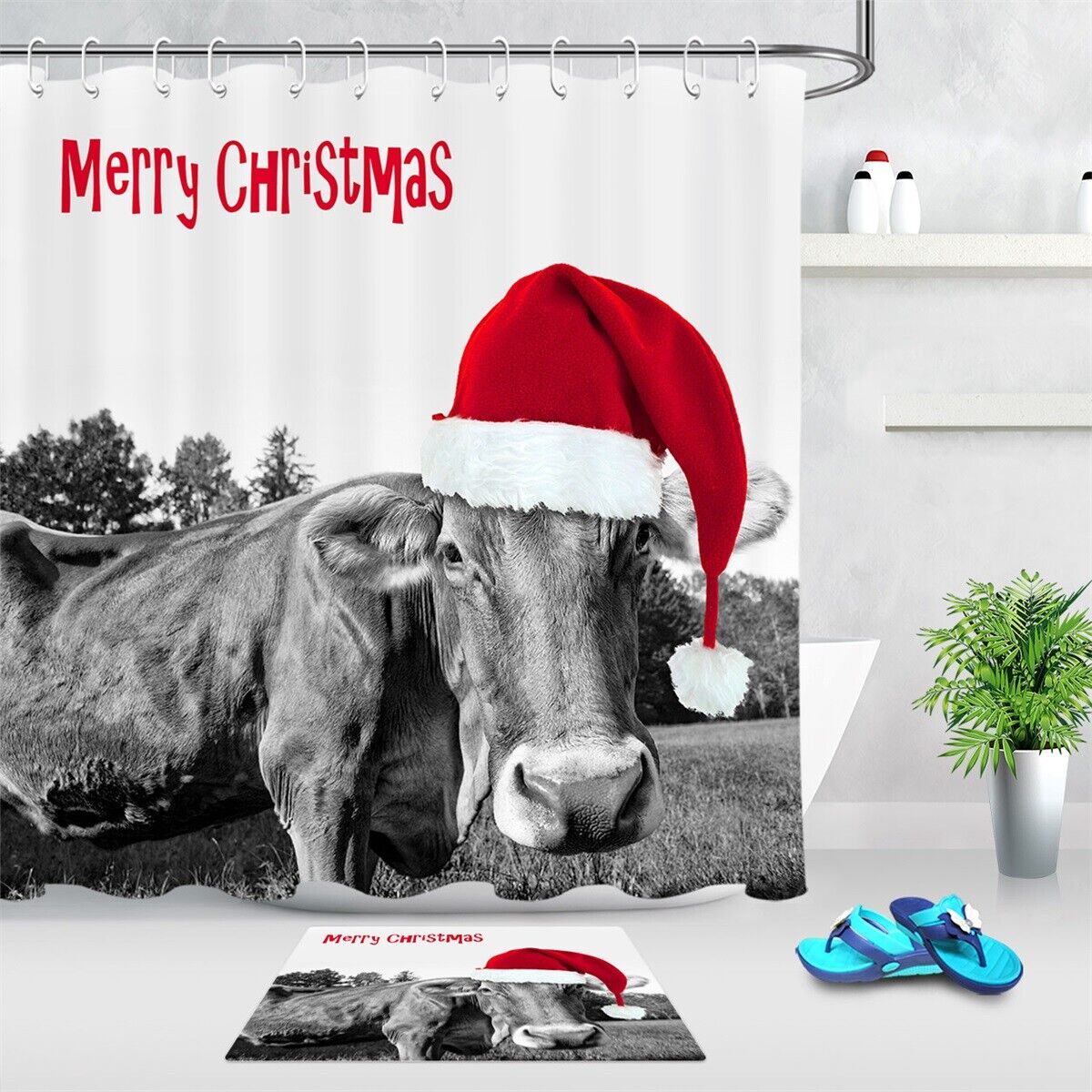 Funny Santa Cow Christmas Shower Curtain Home Decor