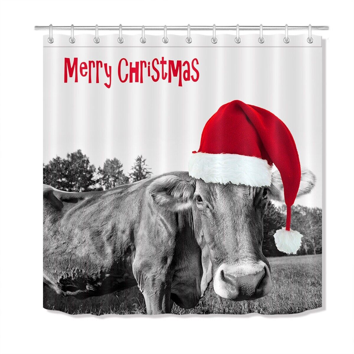 Funny Santa Cow Christmas Shower Curtain Home Decor - Image 2