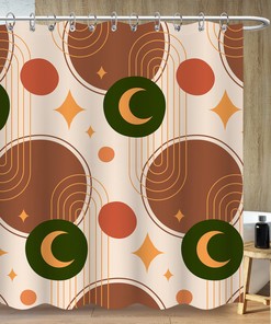Geometric Lines Moon Stars Shower Curtain, Minimalist Bohemia Art, Bathroom Decor