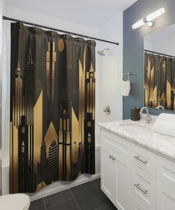 Geometric Tiled City Skyline Shower Curtain - Black and Gold Art Deco Bathroom Decor