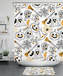 Ghost Pumpkin Spider Web Shower Curtain - Bathroom Accessory for Halloween Decoration