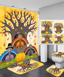Gobble till you Wobble - 3D Pumpkin Turkey Thanksgiving Shower Curtain for Bathroom Decor