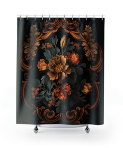 Gold Tone Floral Shower Curtain for Baroque Bathroom Decor