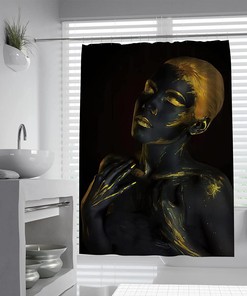 Golden Black Art African American Girl Shower Curtain - 3D Printing Quick Drying Fabric Bath Decor