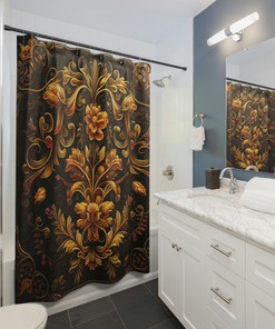 Golden Floral Shower Curtain for Elegant Black Bathroom Decor