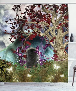 Gothic Forest Shower Curtain with Magic Tree and Secret Cave Moon Illustration for Bathroom Decor
