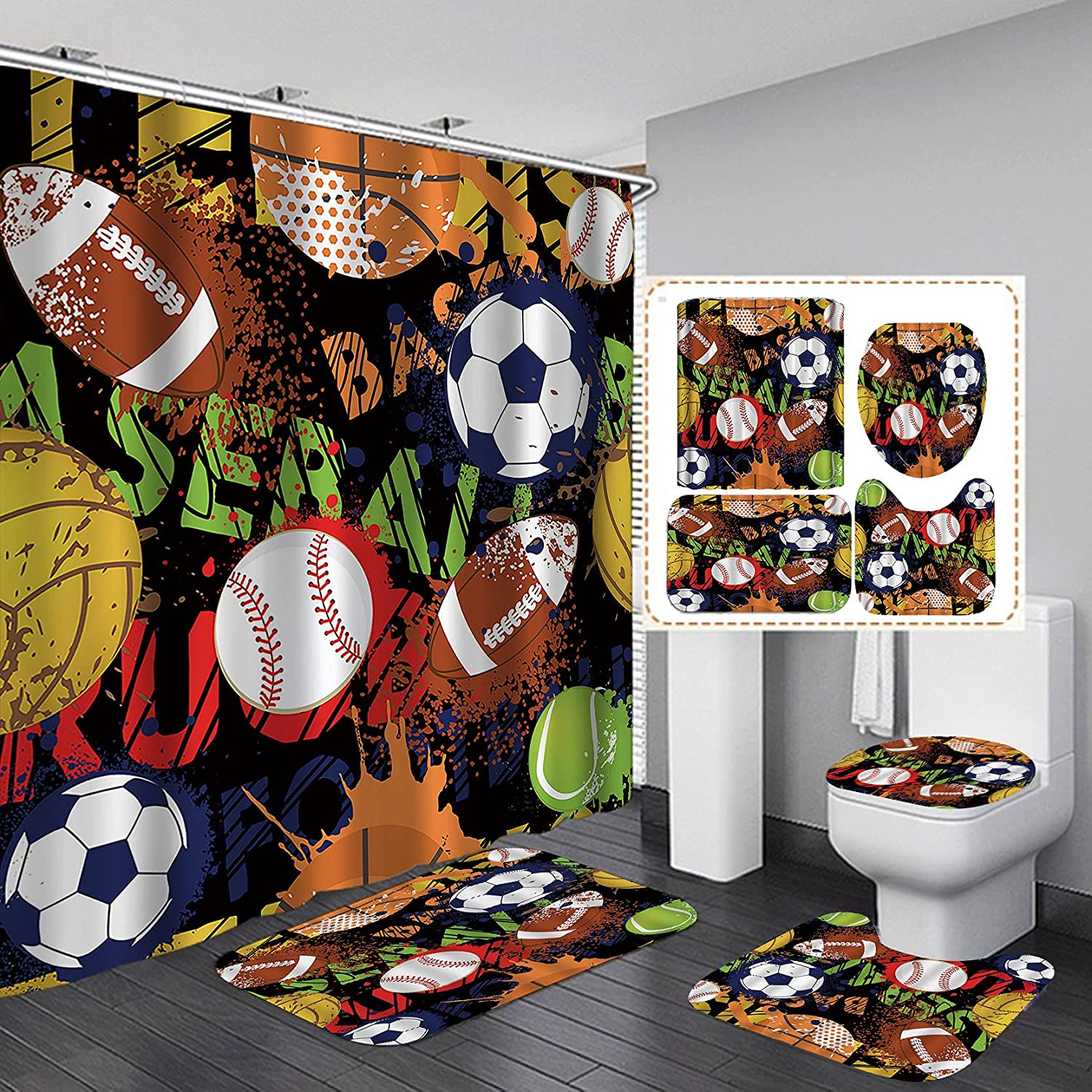 Graffiti Sports Game Shower Curtain, Cool Multicolor Bathroom Decor for