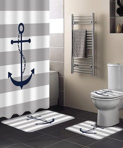 Gray Nautical Anchor Geometric Stripes Pattern Shower Curtain for a Coastal Bathroom Decor