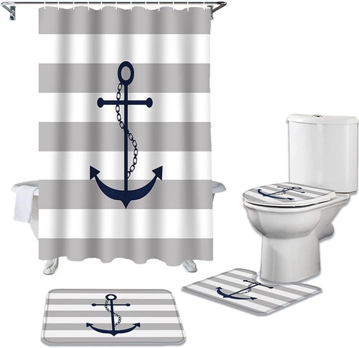 Gray Nautical Anchor Geometric Stripes Pattern Shower Curtain for a Coastal Bathroom Decor - Image 2