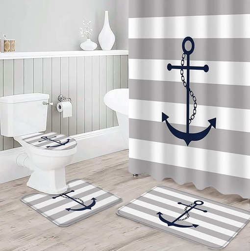 Gray Nautical Anchor Geometric Stripes Pattern Shower Curtain for a Coastal Bathroom Decor - Image 3