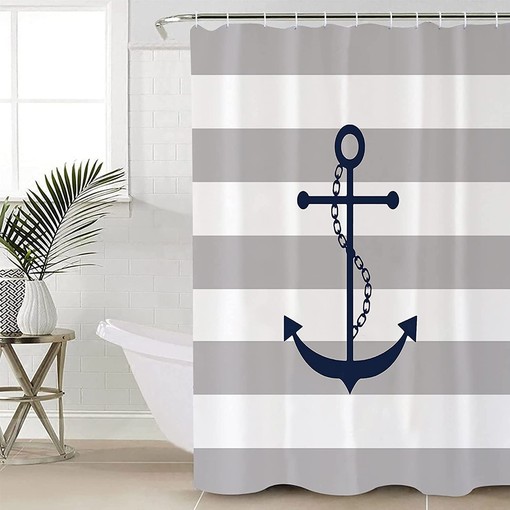 Gray Nautical Anchor Geometric Stripes Pattern Shower Curtain for a Coastal Bathroom Decor - Image 4