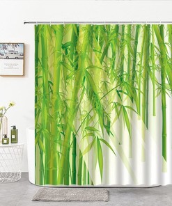 Green Bamboo Printing Shower Curtain - Natural Scenery Plant Bath Curtain for Tropical Bathroom Decor