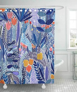 Green Leaves Abstract Art Printed Shower Curtain for Tropical Bathroom