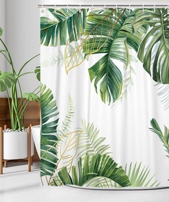 Green Palms and Monstera Leaves Shower Curtain with Botanical Plant Design - Tropical Bathroom Decor