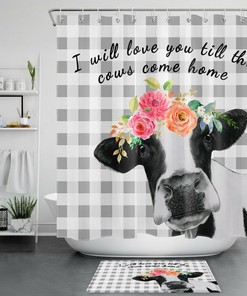 Grey White Farm Cow Spring Flowers Checkered Shower Curtain for Nature Lovers