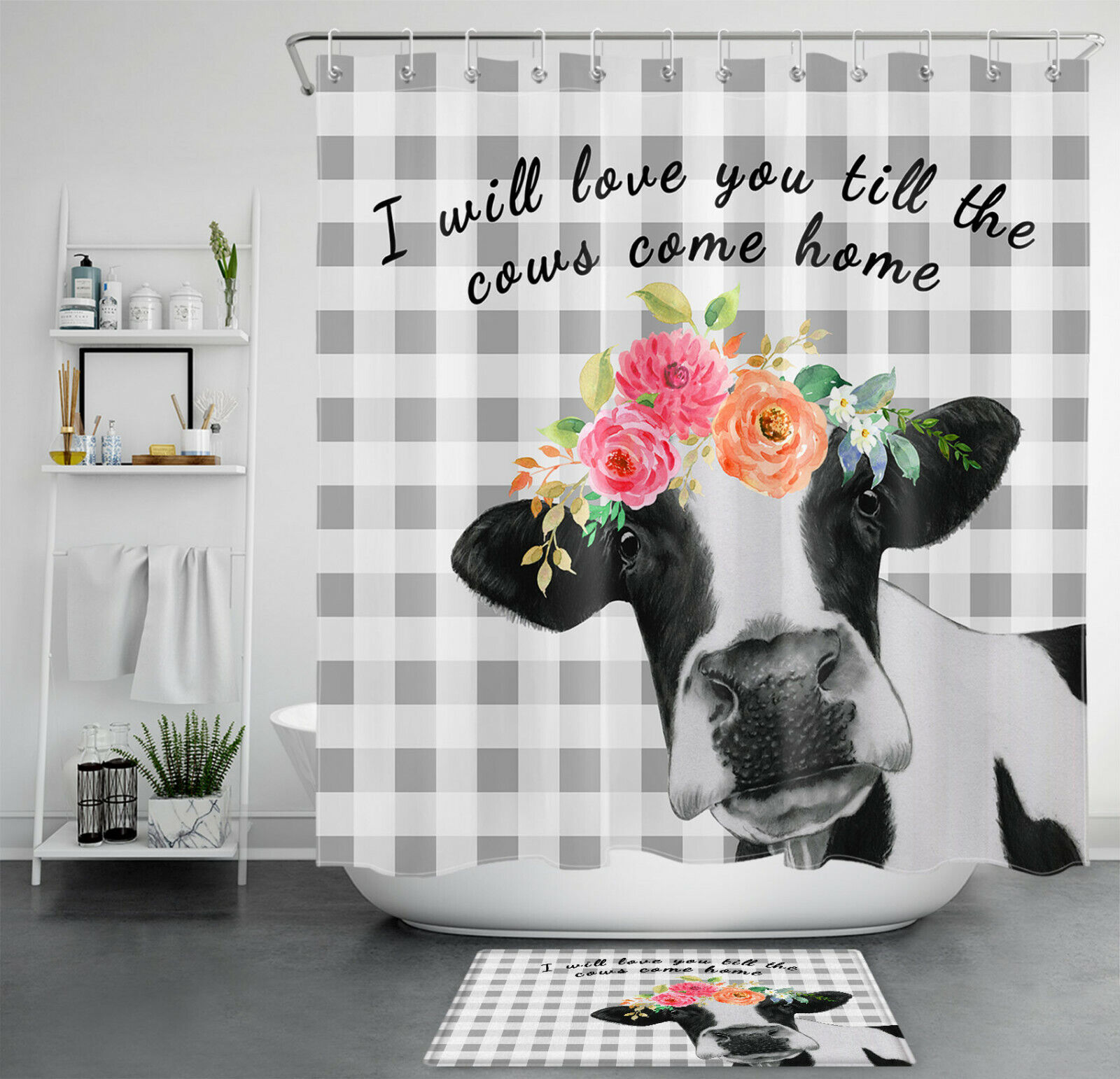 Grey White Farm Cow Spring Flowers Checkered Shower Curtain for Nature Lovers
