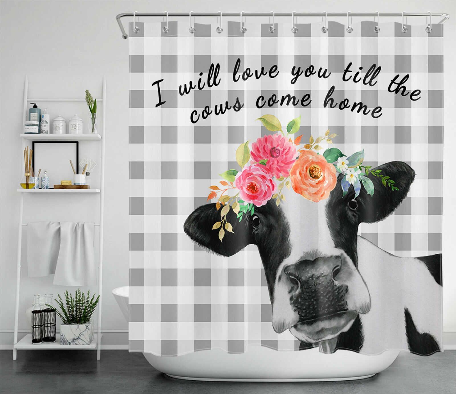 Grey White Farm Cow Spring Flowers Checkered Shower Curtain for Nature Lovers - Image 2