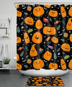 Halloween Pumpkin Shower Curtain with Funny Cartoon Design for Bathroom Decor